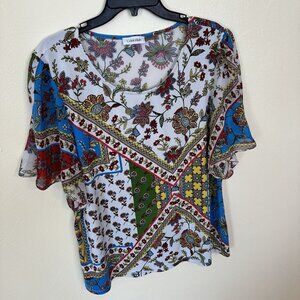Calvin Klein Womens Multicolor Floral Short Sleeve Top Shirt Blouse XL Career
